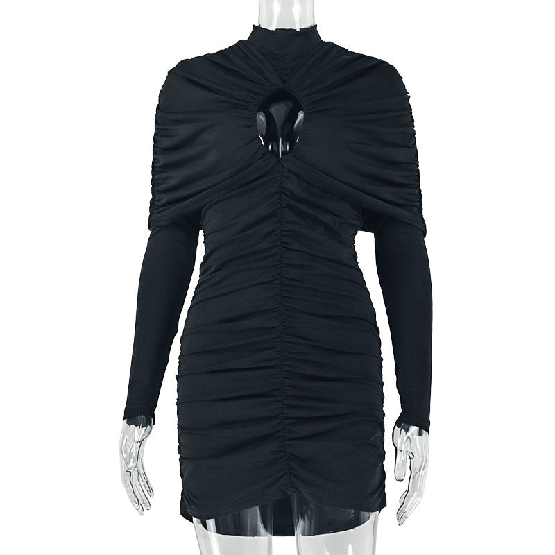 Design Trendy Women Clothing Sexy Cutout Hip Slim Fit Turtleneck Long Sleeve Western Short Dress
