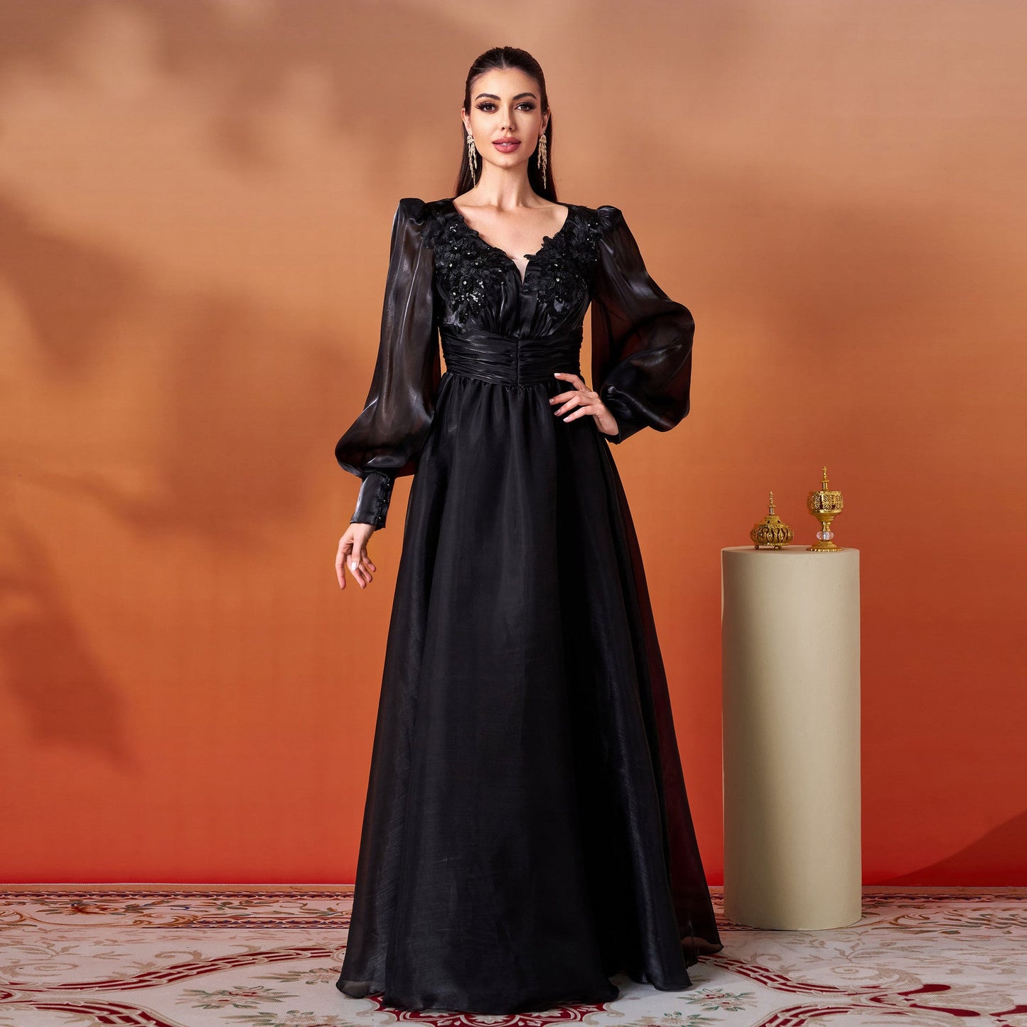 Women Clothing Advanced Long Sleeve V neck Lace Cocktail Large Swing Evening Dress