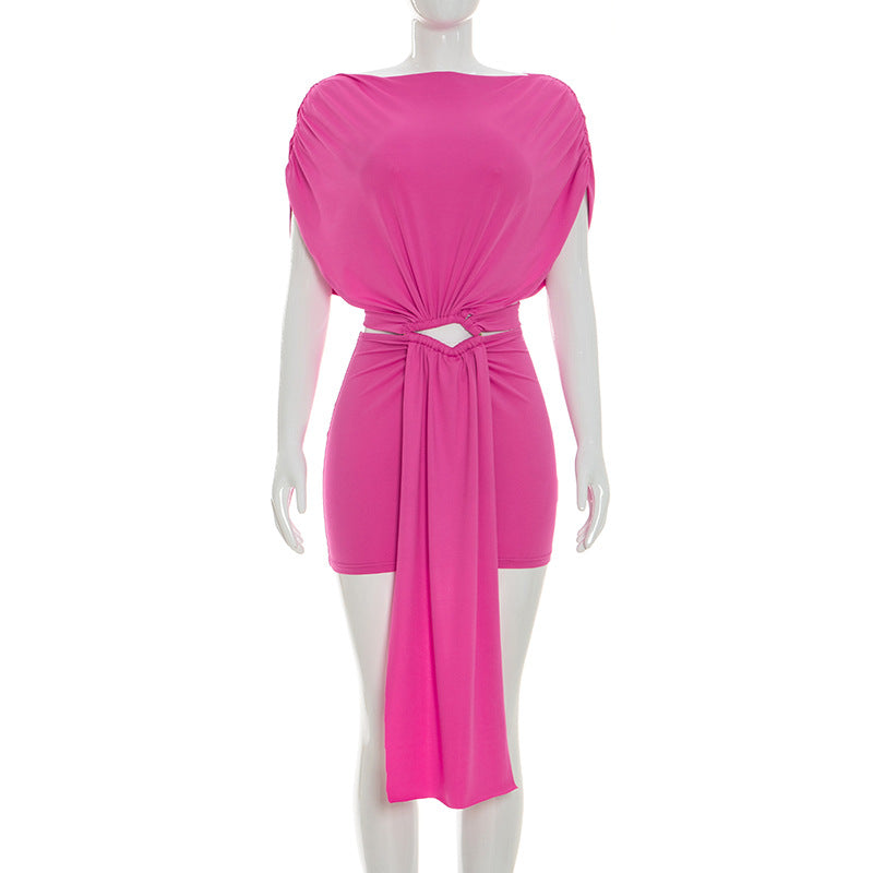 Women Clothing Summer Solid Color Casual Slim Pleated Short Sleeves Hollow Out Cutout Ribbon Short Dress