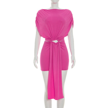 Women Clothing Summer Solid Color Casual Slim Pleated Short Sleeves Hollow Out Cutout Ribbon Short Dress