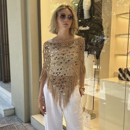 Arrival Handmade Crocheted Sequined Tassel Knitted Blouse Boho Hollow Out Cutout Triangle Cape Shawl
