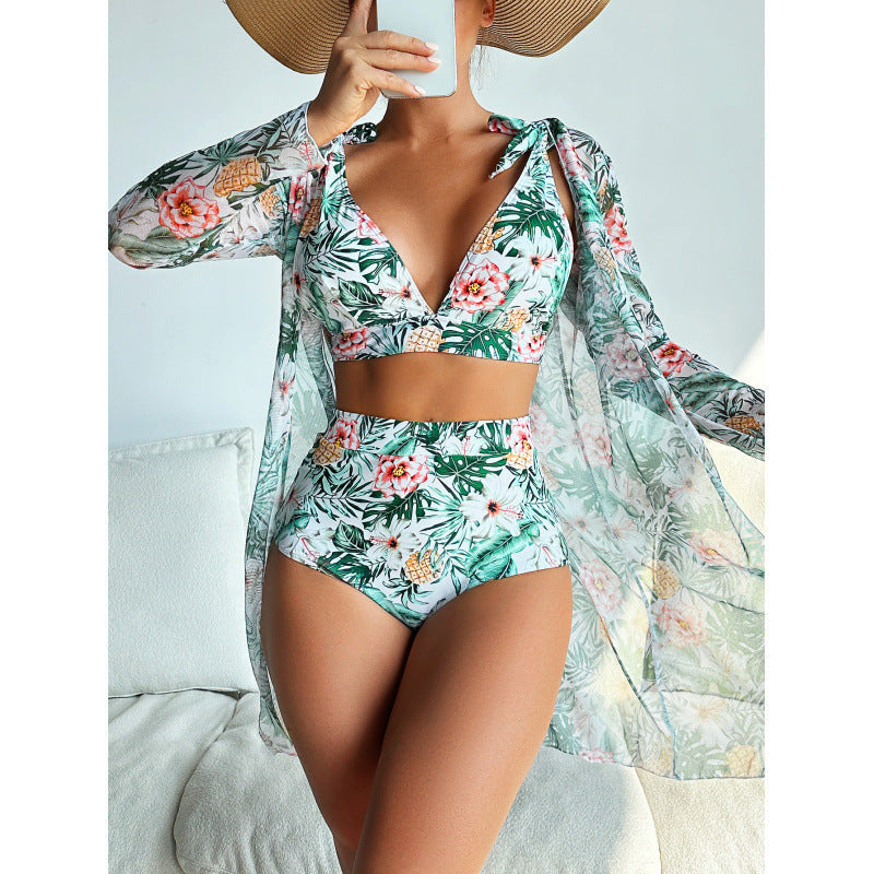 Swimwear Women Split Long Sleeved Blouse Sexy Print Bikini Swimsuit Three Piece Swimsuit