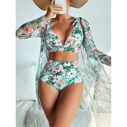 Swimwear Women Split Long Sleeved Blouse Sexy Print Bikini Swimsuit Three Piece Swimsuit