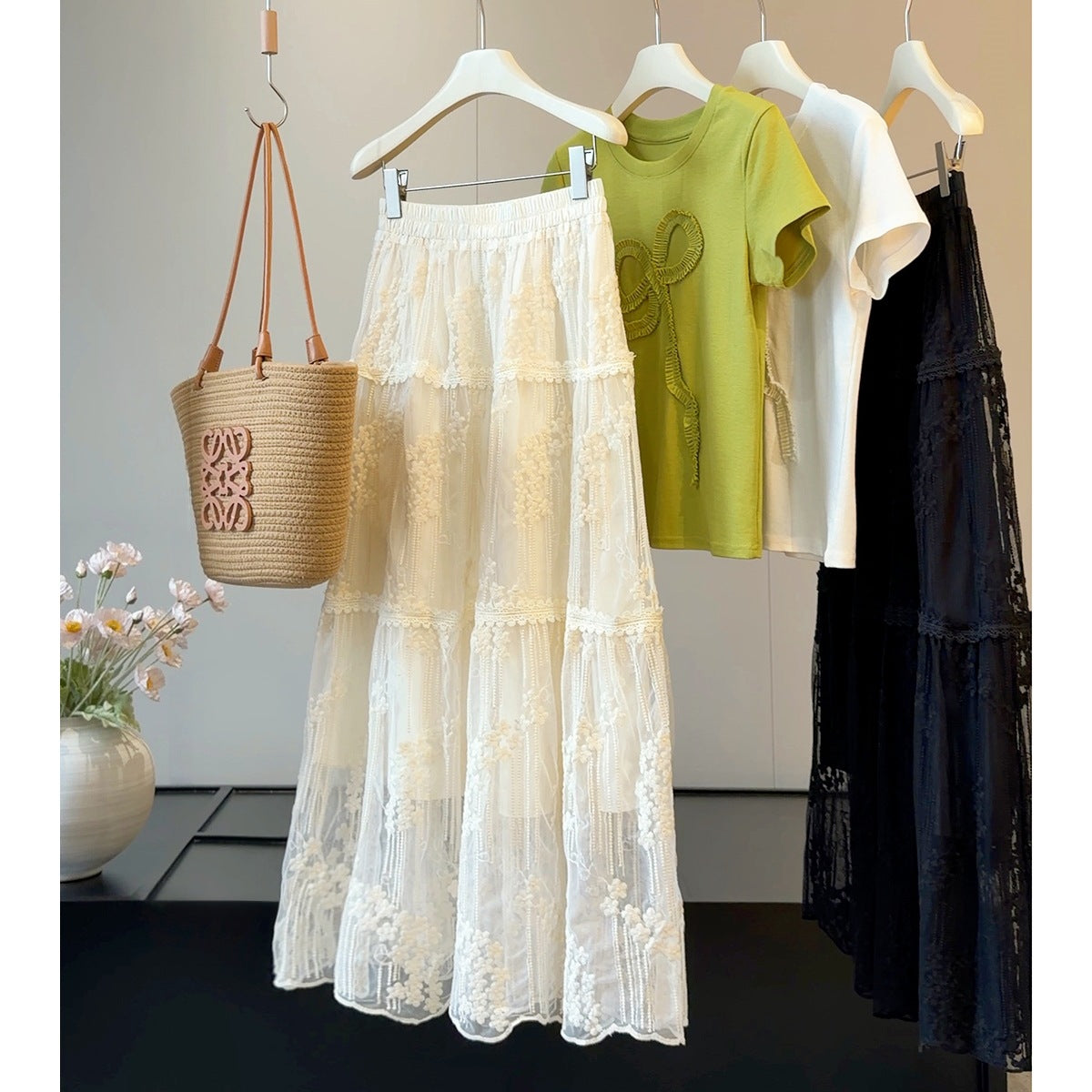 Gentle Three Dimensional Floral Lace Skirt Women Summer Elastic High Waist Hollow Out Cutout out Mesh Large Swing