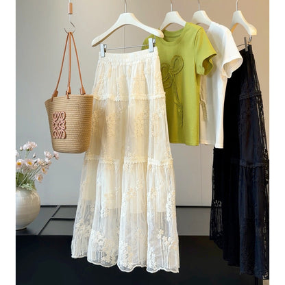 Gentle Three Dimensional Floral Lace Skirt Women Summer Elastic High Waist Hollow Out Cutout out Mesh Large Swing