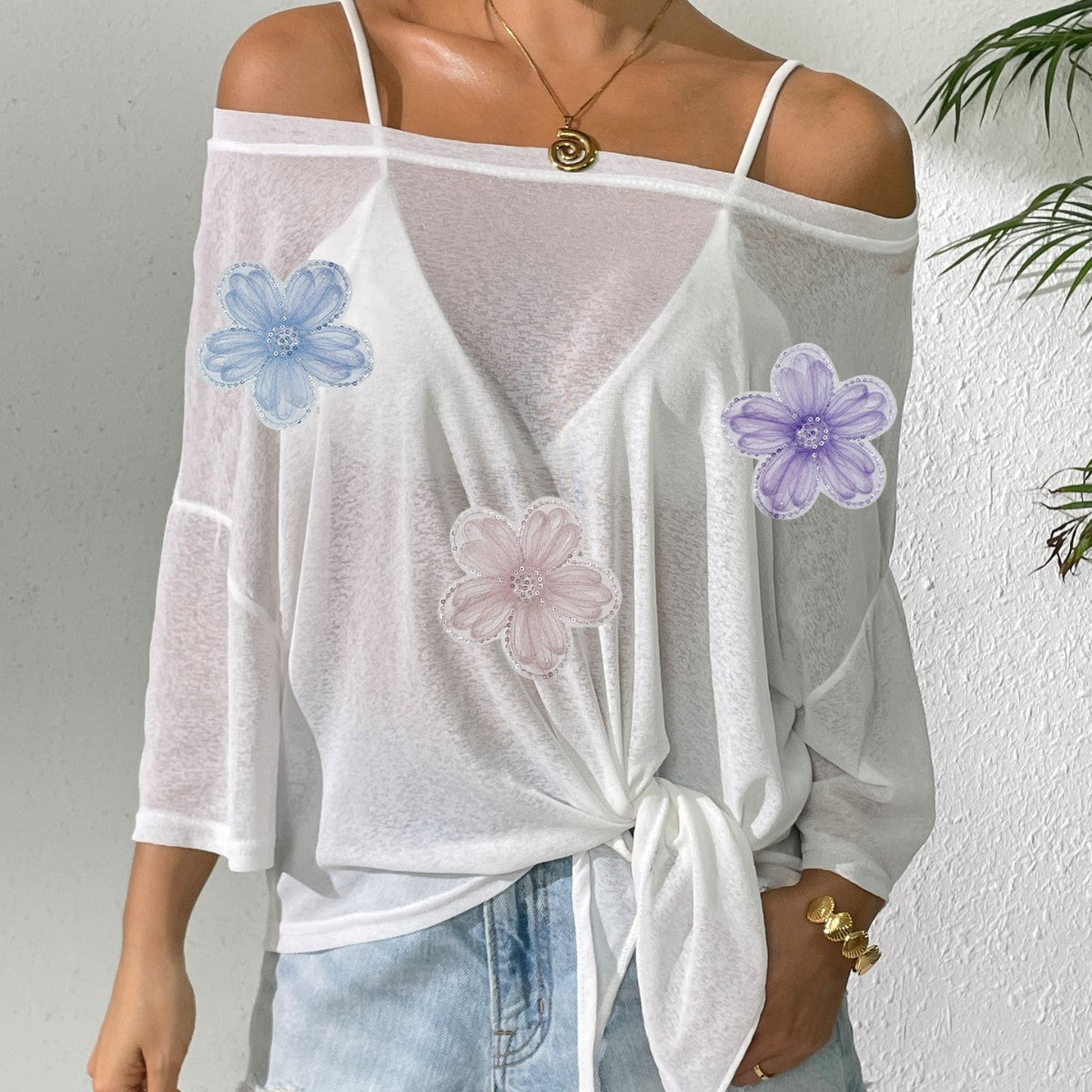 Ladies Overclothes Women Solid Color Thin Top Bandage Bow Loose off Shoulder Beach Bikini Cover up