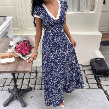 Sweet Vacation Lace V neck Patchwork Short Sleeve Floral Dress
