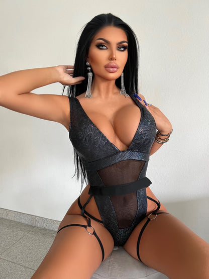 Deep V Plunge Sexy Tight One Piece Swimsuit Bronzing Mesh Stitching Women Bikini