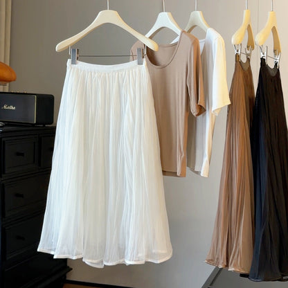French Gentle Pleated Skirt Women Summer High Waist Drape Streamer A line Large Hem Midi Skirt