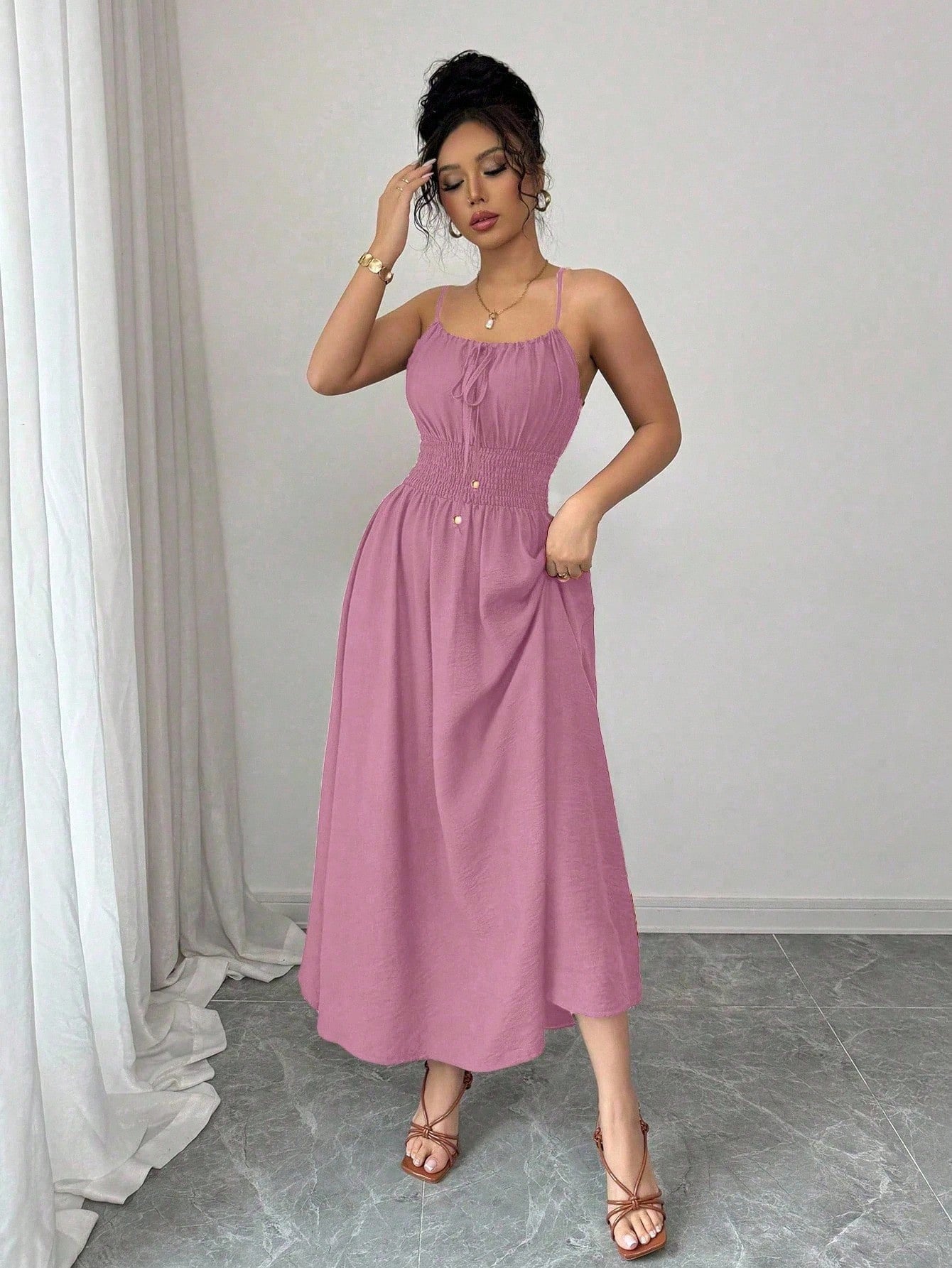 Design Tube Top Sleeveless Pleated Waist Solid Color Suspender Women Dress