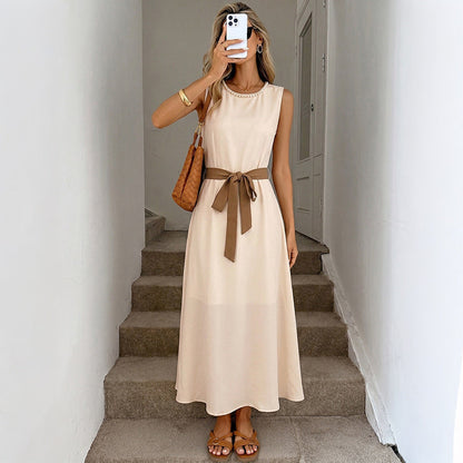 Simple Elegant Beaded round Neck Cinched Sleeveless Dress
