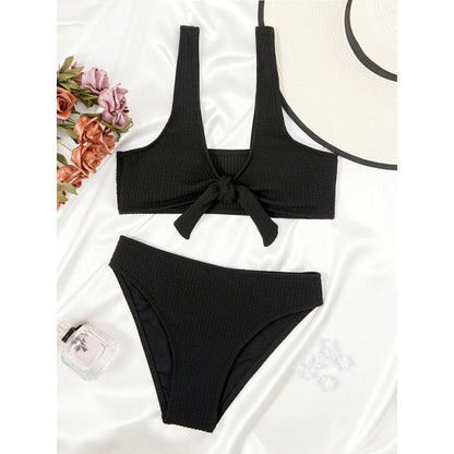 Swimsuit Women Split Sunken Stripe Solid Color Hollow Out Cutout Bikini Sexy Swimsuit