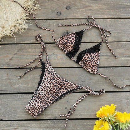 Three Point Leopard Print Lace Lace up Sexy Halter Bikini Skirt Three Piece Set