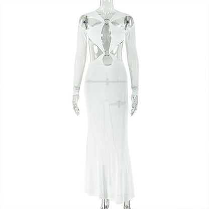 Women Sheath Personality Backless One Step Dress V neck Long Sleeve Design Dress
