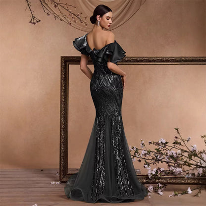 Elegant Ruffle Sleeve Sequin Elegant Cocktail Party Dinner Dress Backless Luxury Fishtail Graduation Evening