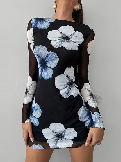 Printed Long Sleeve Dress Women Clothing Seaside Vacation Slim Floral Pattern round Neck Short Dress
