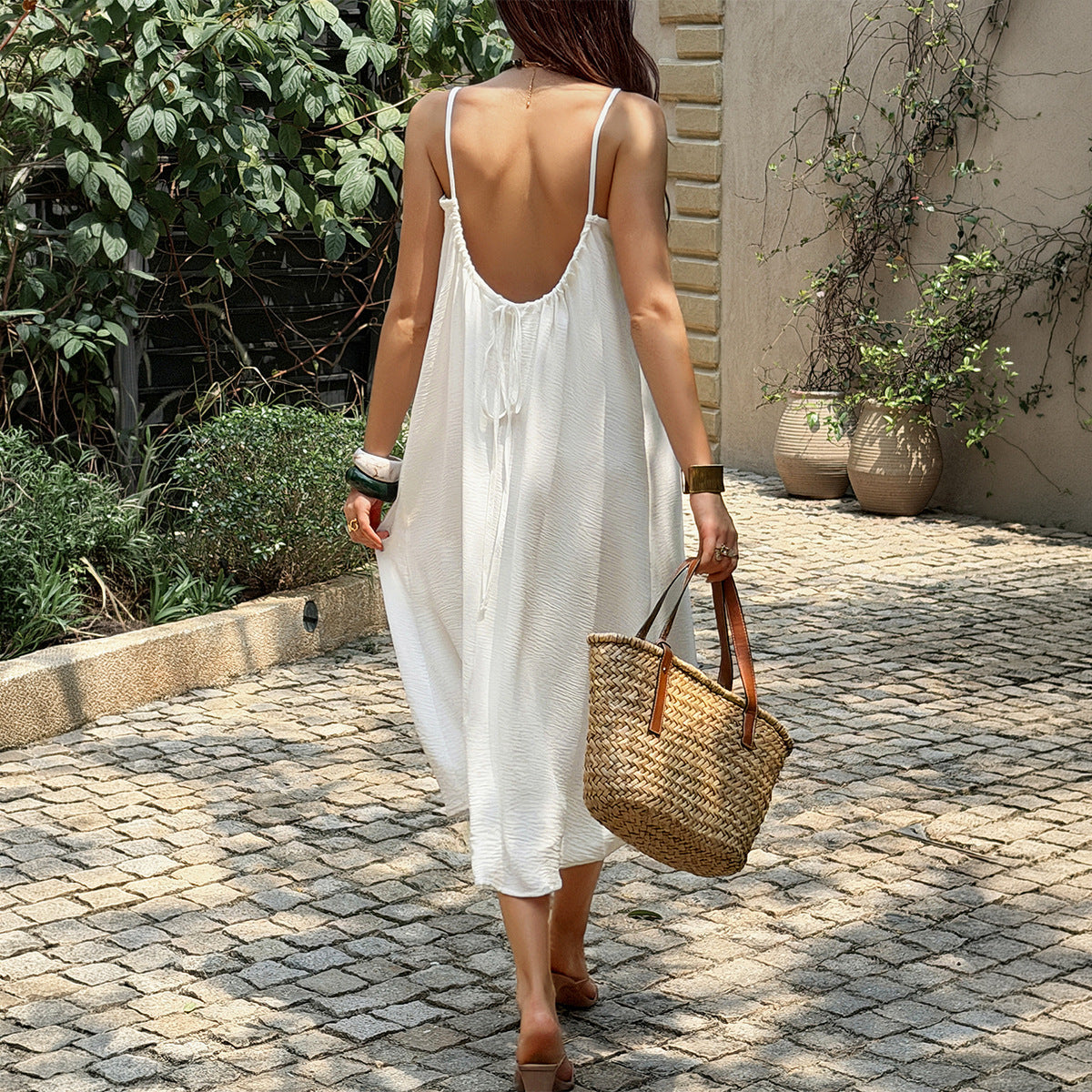 Women Clothing Summer French Vacation White Texture Pleated Dress