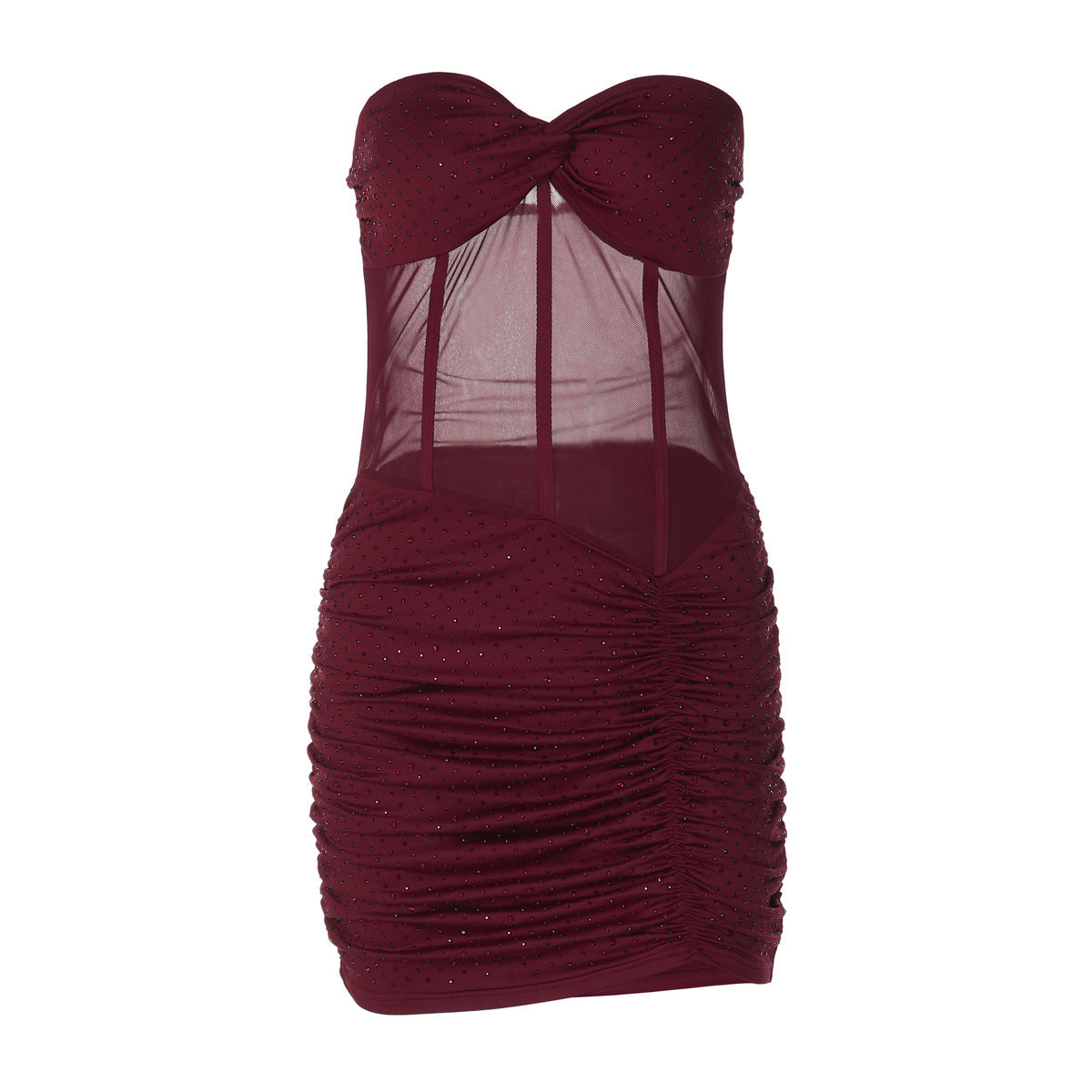 Women Clothing Sexy Mesh Stitching Hollow Out Cutout Slim Fit Rhinestone Ruffle Hip Dress for Women