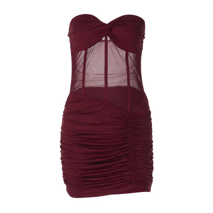 Women Clothing Sexy Mesh Stitching Hollow Out Cutout Slim Fit Rhinestone Ruffle Hip Dress for Women