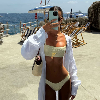 Tube Top with Diamond Solid Color Low Waist Bikini Sexy Split Swimsuit Bikini
