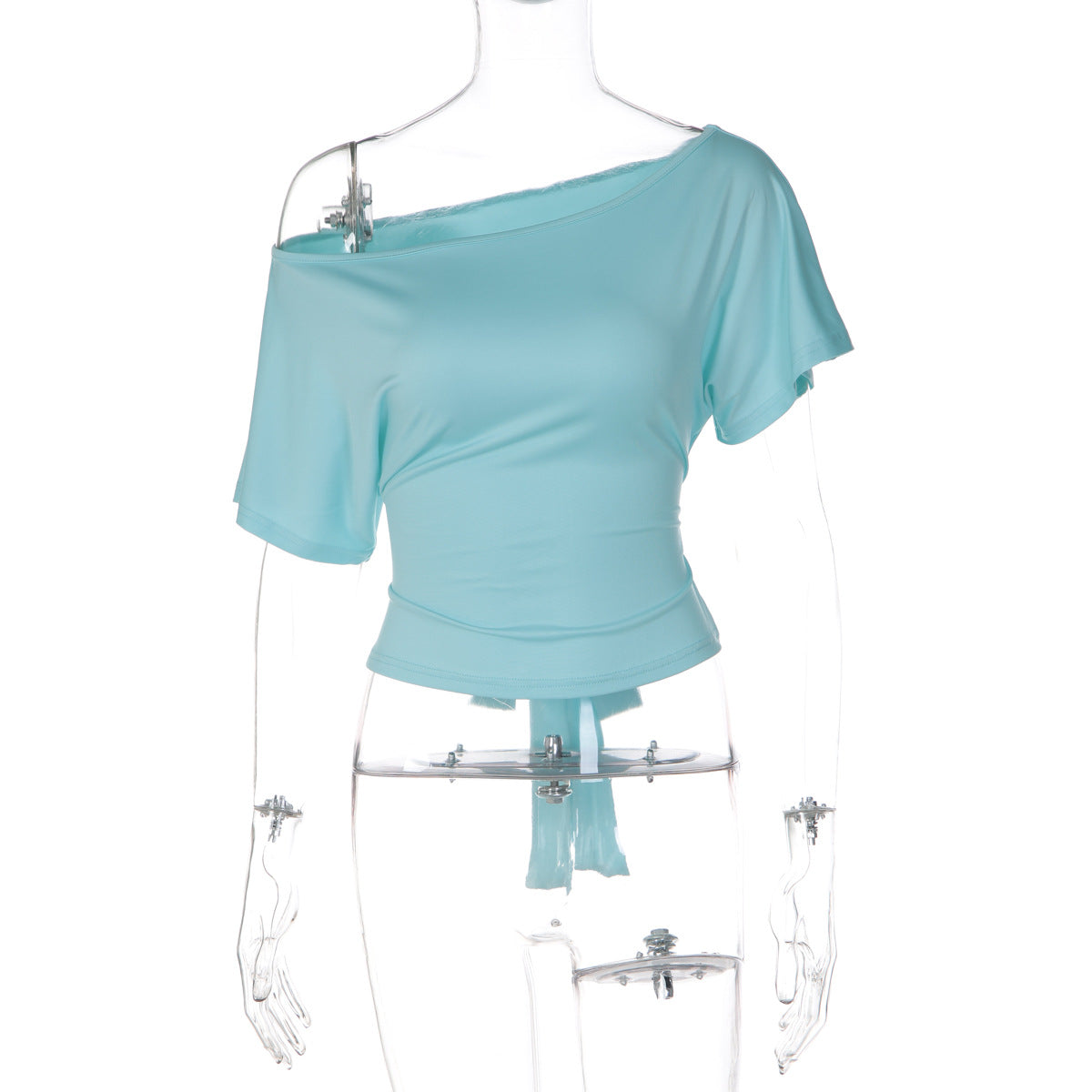 Women Clothing Summer Sexy Shoulder Lace up Waist Controlled Solid Color Short Sleeve Top T shirt