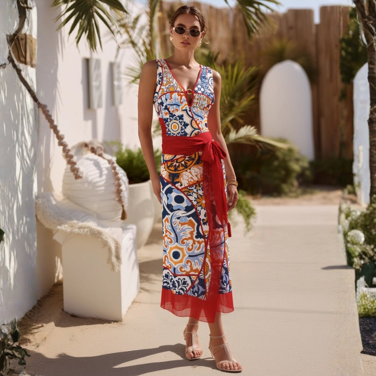 Swimsuit V neck Pattern Printed One Piece Swimsuit Women Wrap Skirt