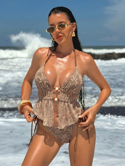 Summer Hollow Out Cutout Crocheted Bikini Halter Lace up Split Swimsuit Women Bikini
