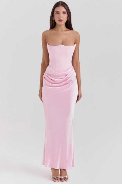 Dress Elegant Sexy Waist Trimming Tube Top Boning Corset Pleated Satin Sheath Dress