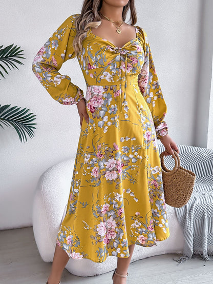 Spring Summer Sexy Lace up Knot Floral Long Sleeve Split Dress Women Clothing
