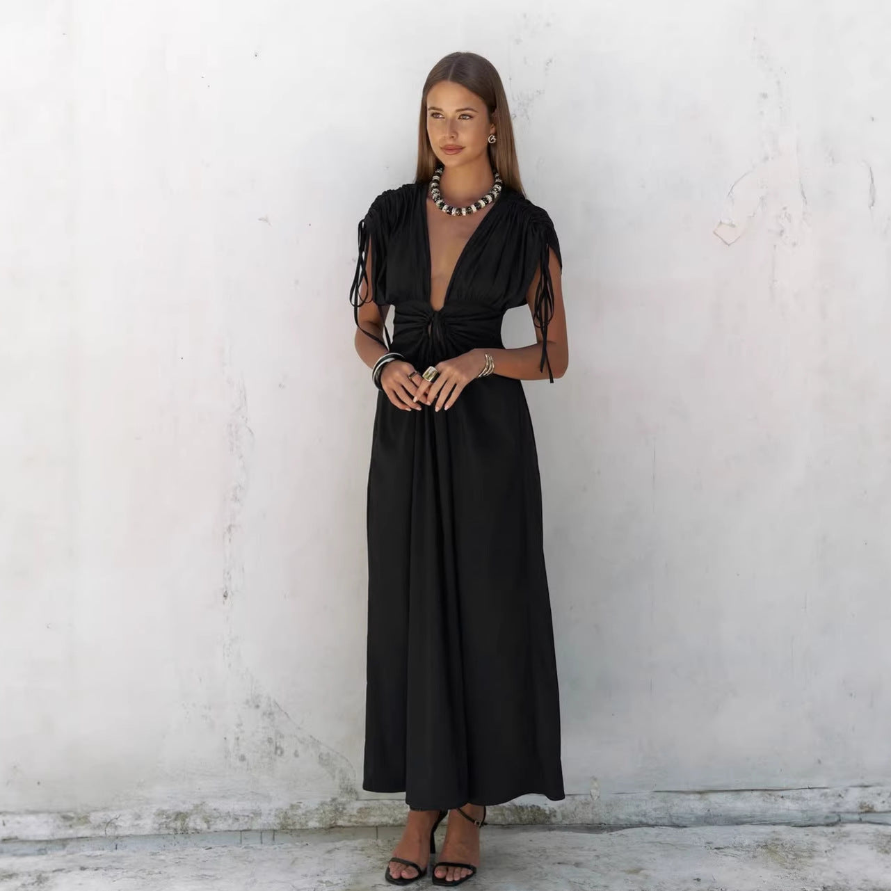 Summer Elegant Black Sexy Backless Deep V Plunge Lace up Slim Fit Short Sleeve French Dress Women