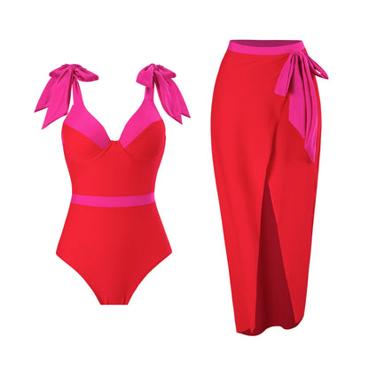 Solid Color One Piece Women Swimwear Suit European, French Spring Cover Belly Slimming Swimsuit