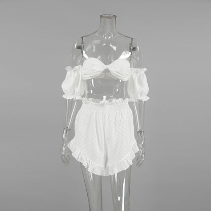 Sexy Summer Pajamas Plaid Retro off Shoulder Ruffled Shorts Two Piece Thin Ladies Homewear