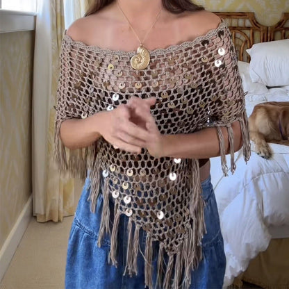 Arrival Handmade Crocheted Sequined Tassel Knitted Blouse Boho Hollow Out Cutout Triangle Cape Shawl