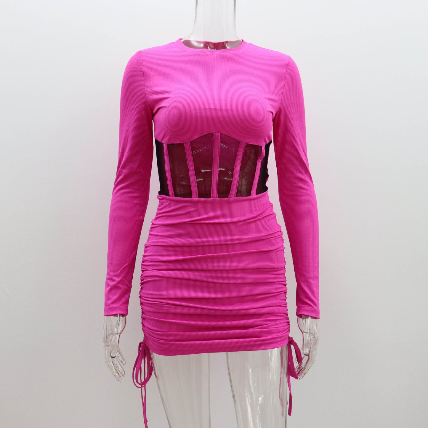 Mesh Hollow Out Cutout Waist Dress for Women Spring Summer Women Wear round Neck Sexy Long Sleeve Pleating Short Dress for Women