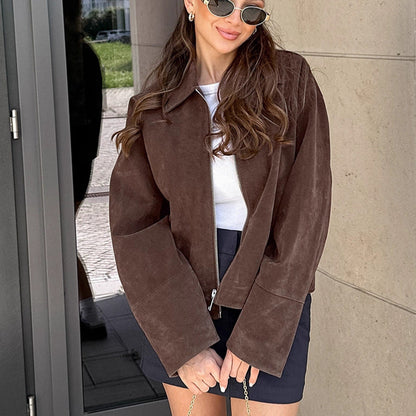 Brown Suede Collared Baggy Coat High Sense Autumn Winter Maillard Small Coat