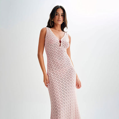 Summer Dress Sexy Sleeveless Hollow Out Cutout Knitted Beach Dress Backless High Grade Women