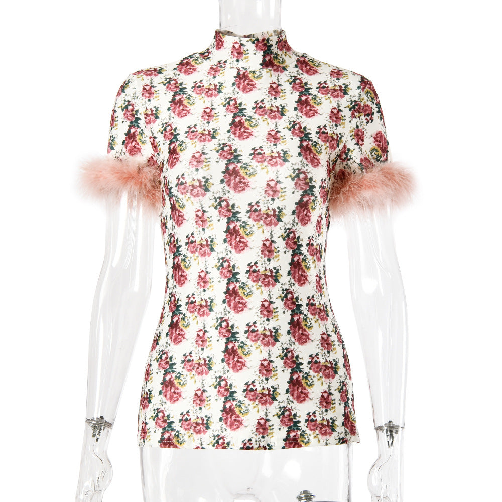 Summer Feather Sleeve Printed Design Women T shirt Slim Sexy Top