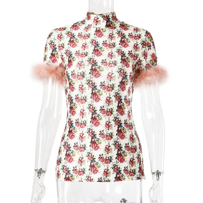 Summer Feather Sleeve Printed Design Women T shirt Slim Sexy Top