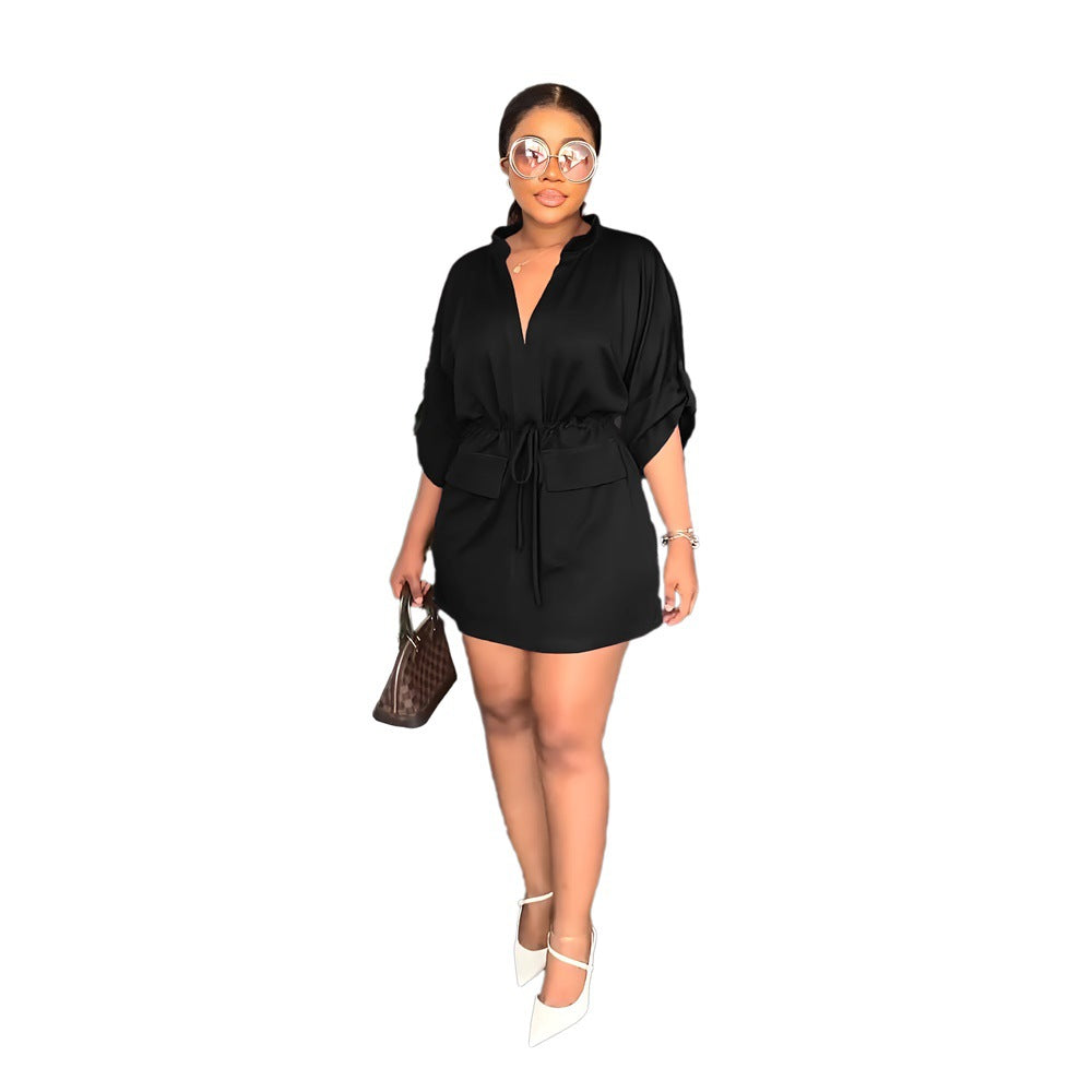 V neck Loose Waist Tight Workwear Short Summer Casual Women Dress