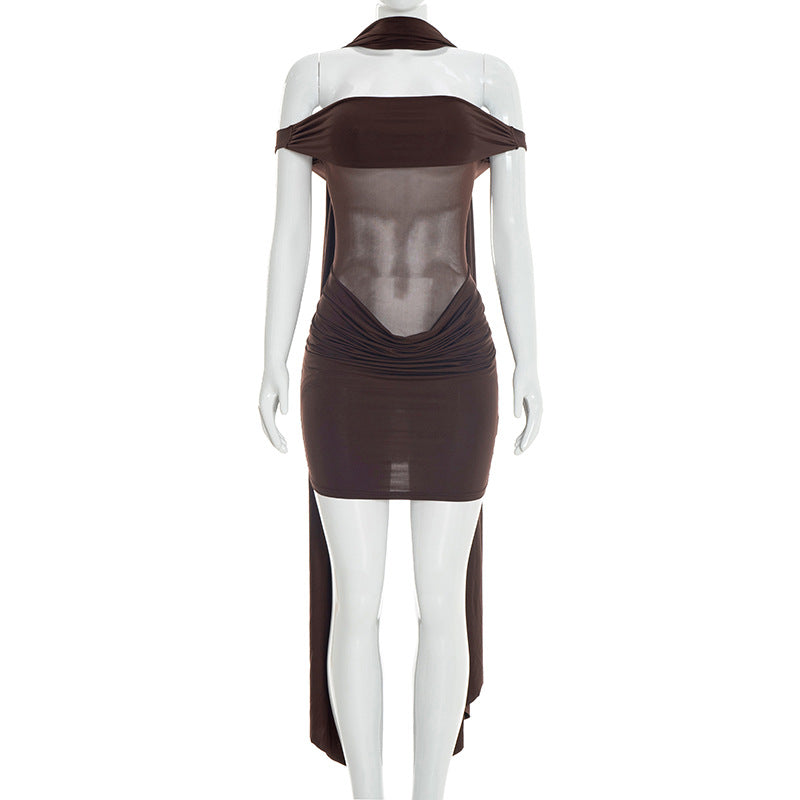 Women Clothing Summer Solid Color Casual Sleeveless Pleated Mesh Ribbon Mini Short Dress