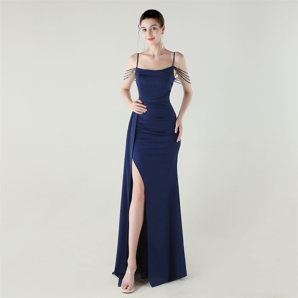 Bandeau Sling Satin Craft Beaded Chain Fishtail Evening Dress Dinner Wedding Ball