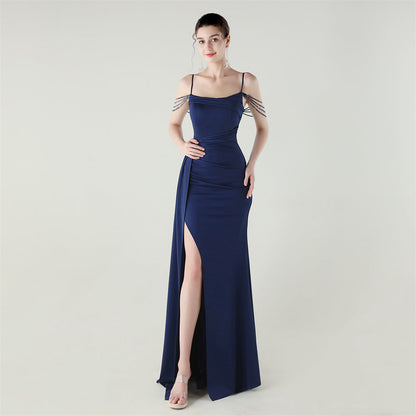 Bandeau Sling Satin Craft Beaded Chain Fishtail Evening Dress Dinner Wedding Ball