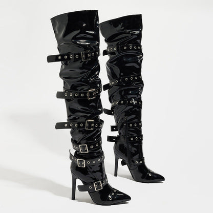 High Heel Zipper over the Knee Pointed Willow Ding Knight Boots Women Belt Buckle Locomotive Punk Stiletto Heel Long Tube