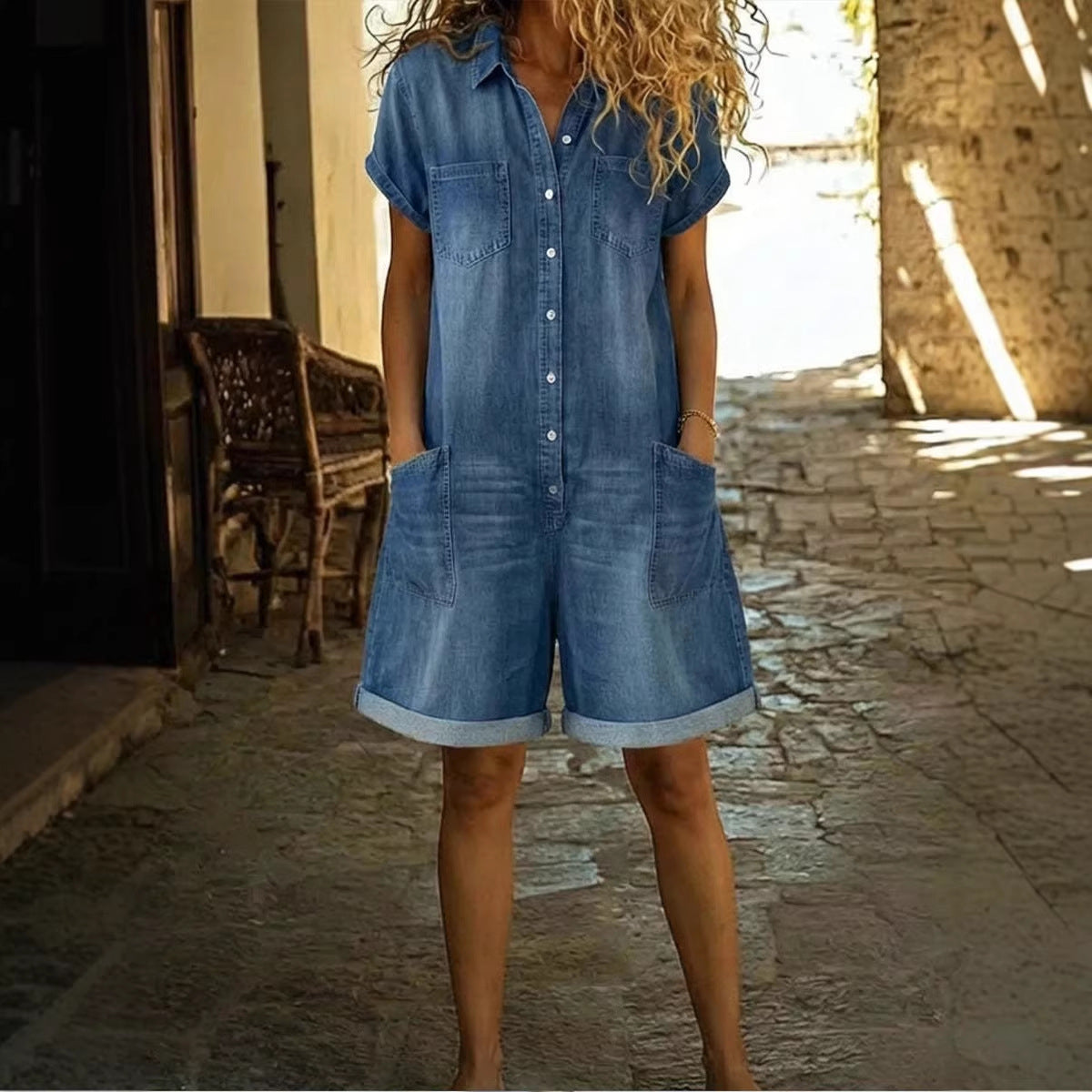 Spring Short Sleeve Multi Pocket Shirt Washed Denim Jumpsuit Shorts Women Clothing