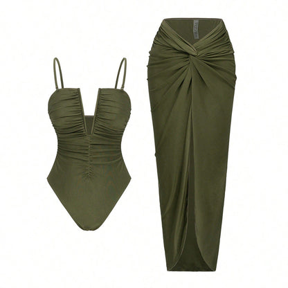 Swimwear Sexy Deep V Plunge neck Pleated High Slit Tube Top Dress Sexy