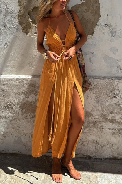 Sexy Sling Solid Color Hem Double Slit Dress