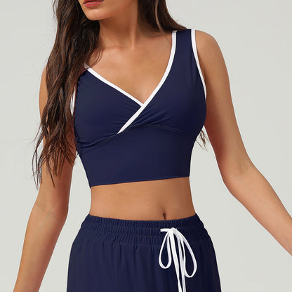 Cool Feeling Sun Protection Sports Vest Cross V neck Beauty Back Yoga Clothes Bra Contrast Color Fitness Clothes Vest with Pad