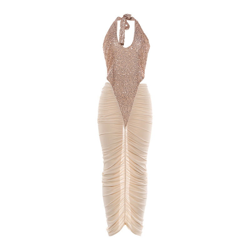 Autumn Winter Women Clothing Fashionable Sequ Stitching Sexy Mesh See through Ruffle Hip Dress