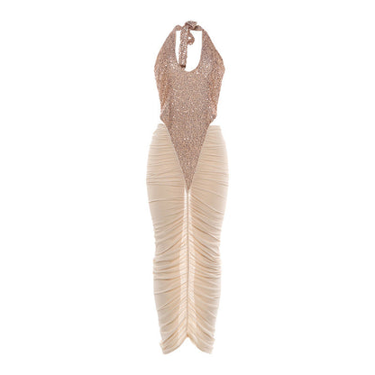 Autumn Winter Women Clothing Fashionable Sequ Stitching Sexy Mesh See through Ruffle Hip Dress