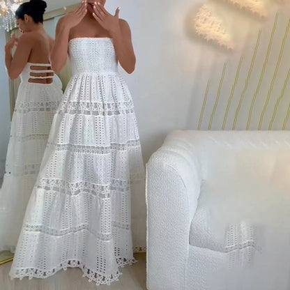 Casual Maxi Dress Spring High Sense Embroidery Hollow Out Cutout out Tube Top Dress Women Clothing
